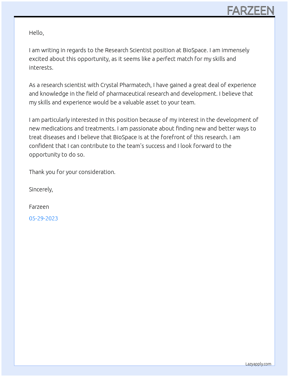 Research Scientist At BioSpace Cover Letter