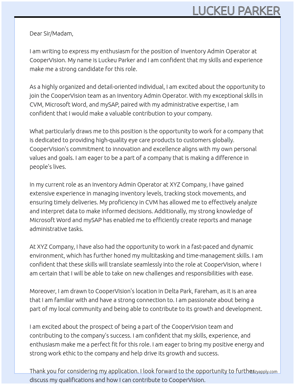 Inventory Admin Operator At CooperVision  Cover Letter