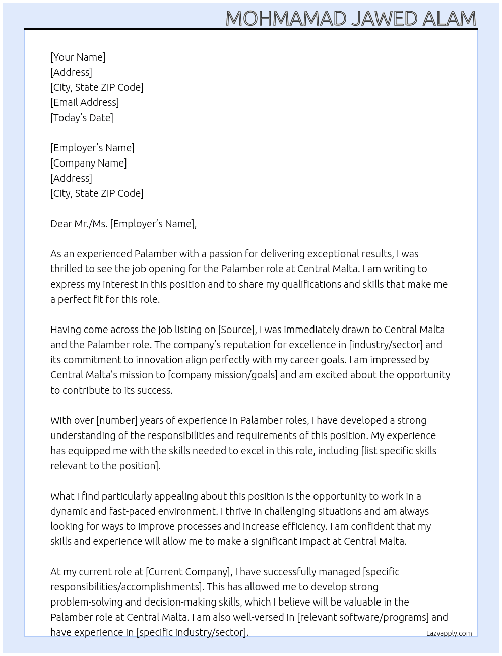 Palamber At Central Malta Cover Letter