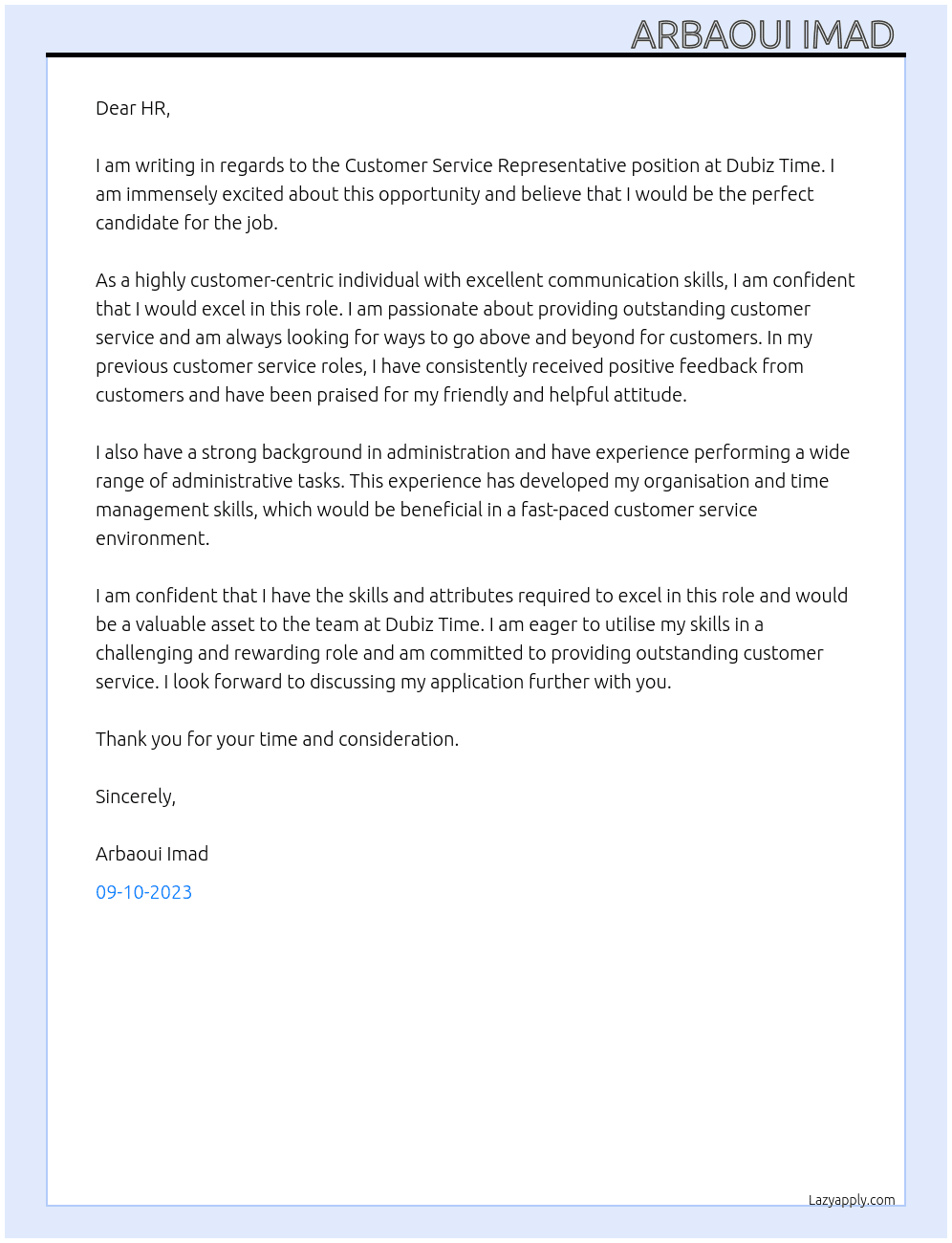 Customer Service Representative At Dubiz Time Cover Letter