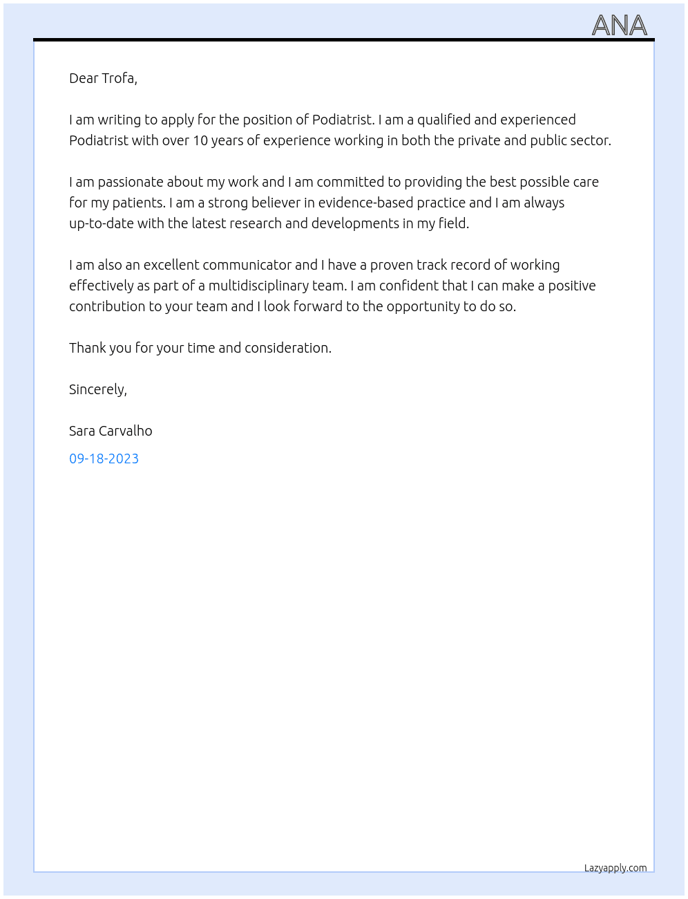 Podiatrist At Trofa Cover Letter