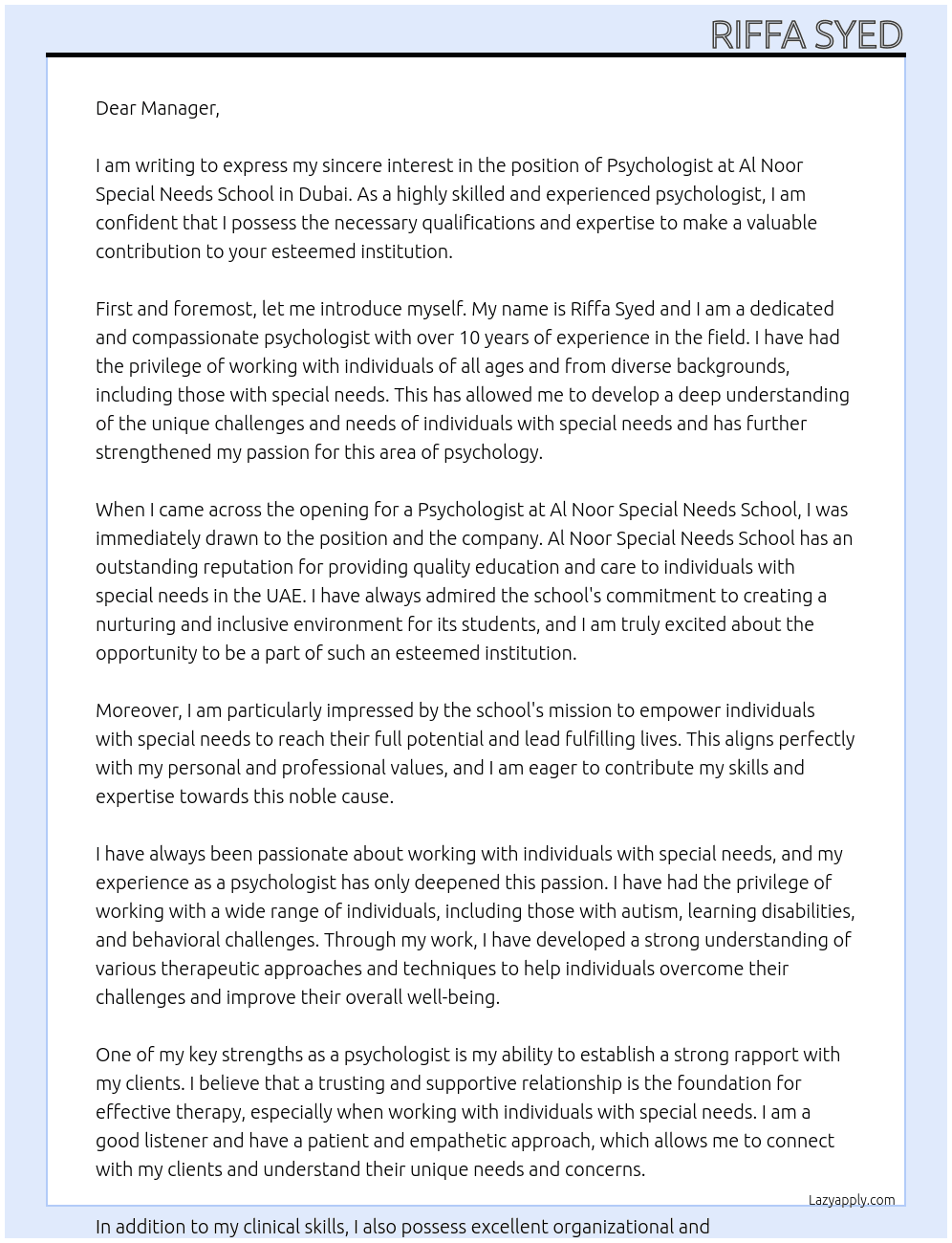  Psychologist At Al Noor Special Needs School Cover Letter
