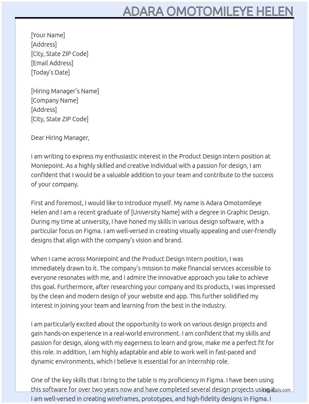 product design intern At Moniepoint Cover Letter