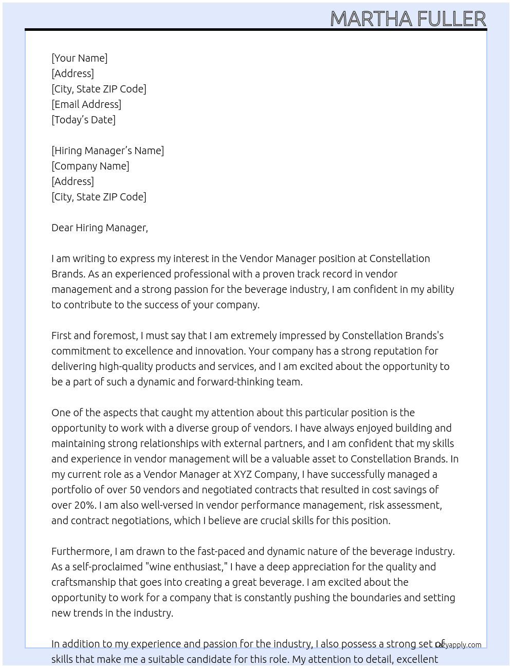 Vendor manager At Constellation brands  Cover Letter