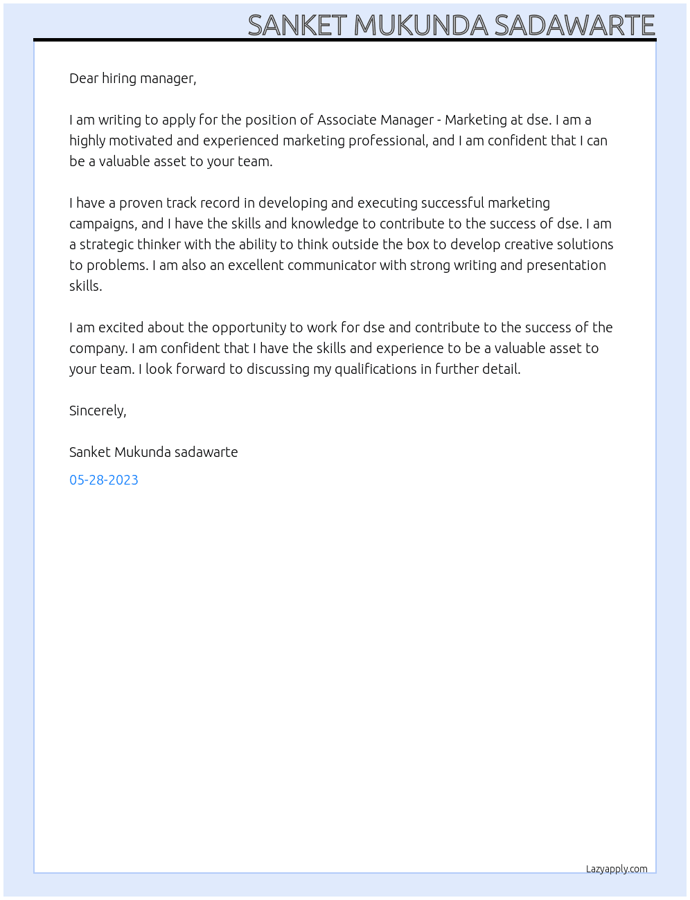Associate Manager - Marketing At dse Cover Letter