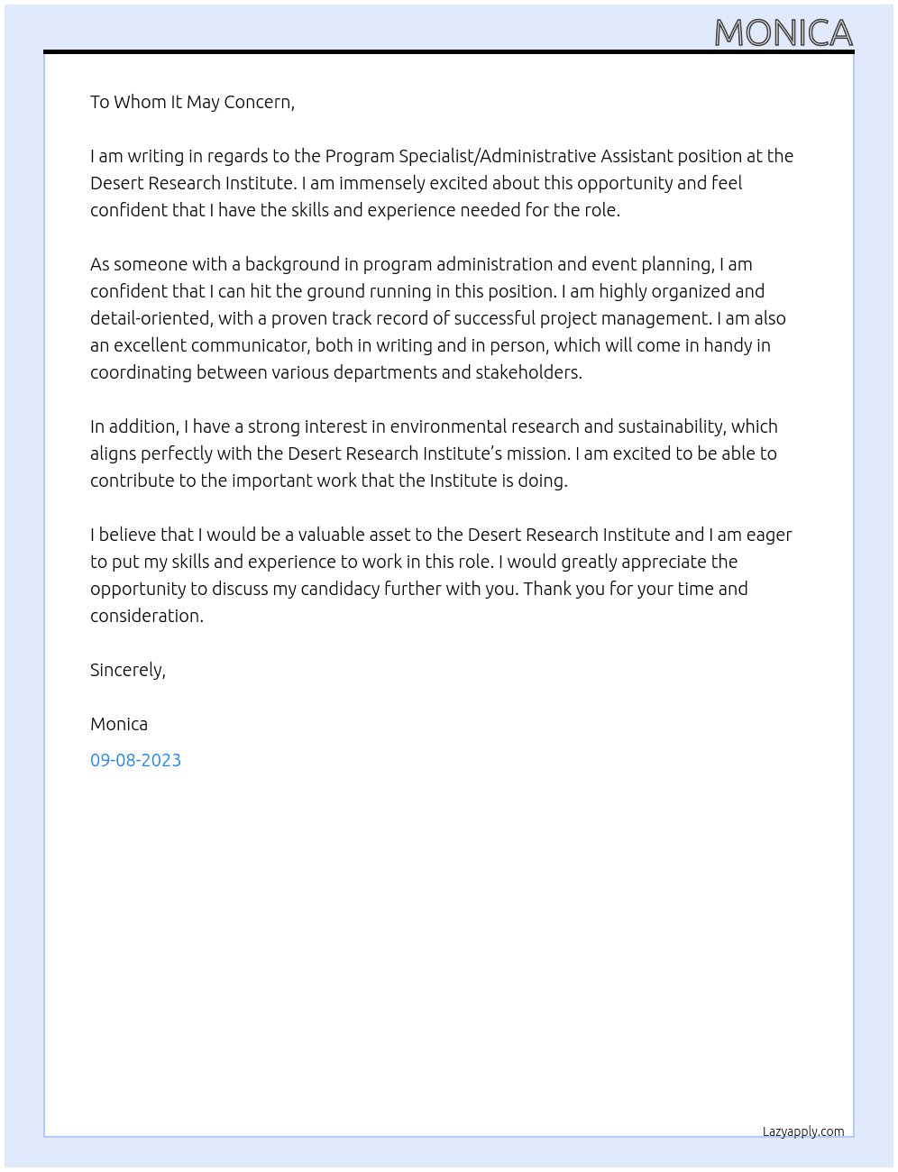 Program specialist/administrative assistant At desert research institute Cover Letter