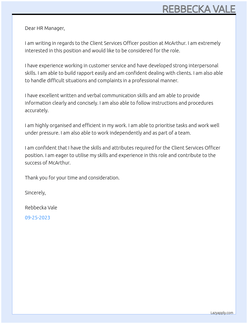 Client Services Officer At McArthur  Cover Letter