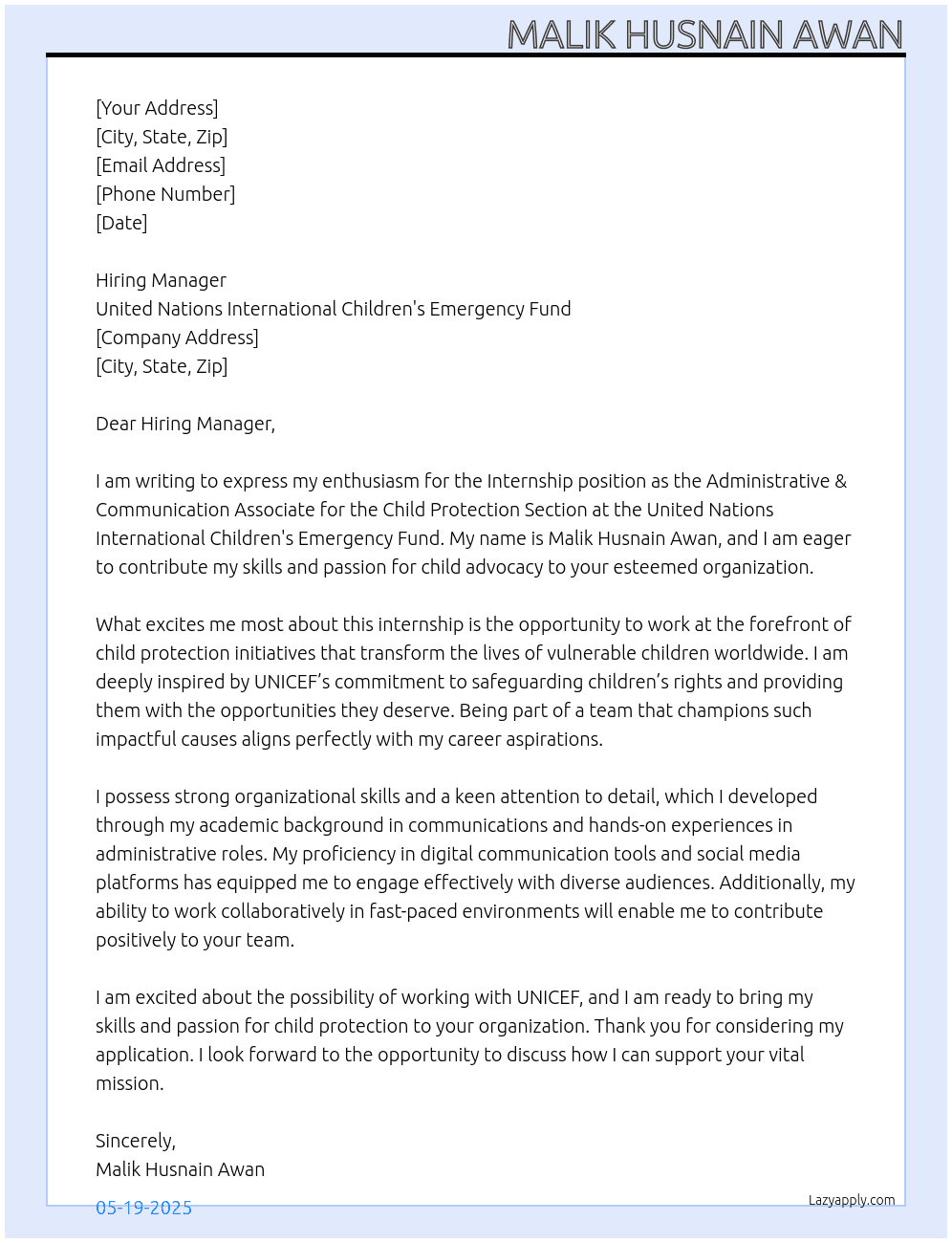 Internship  At Internship: Administrative & Communication Associate for Child Protection Section Cover Letter