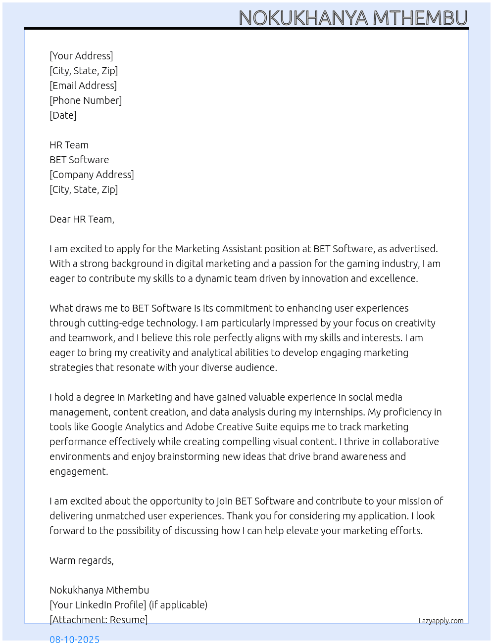 Marketing Assistant  At BET Software Cover Letter