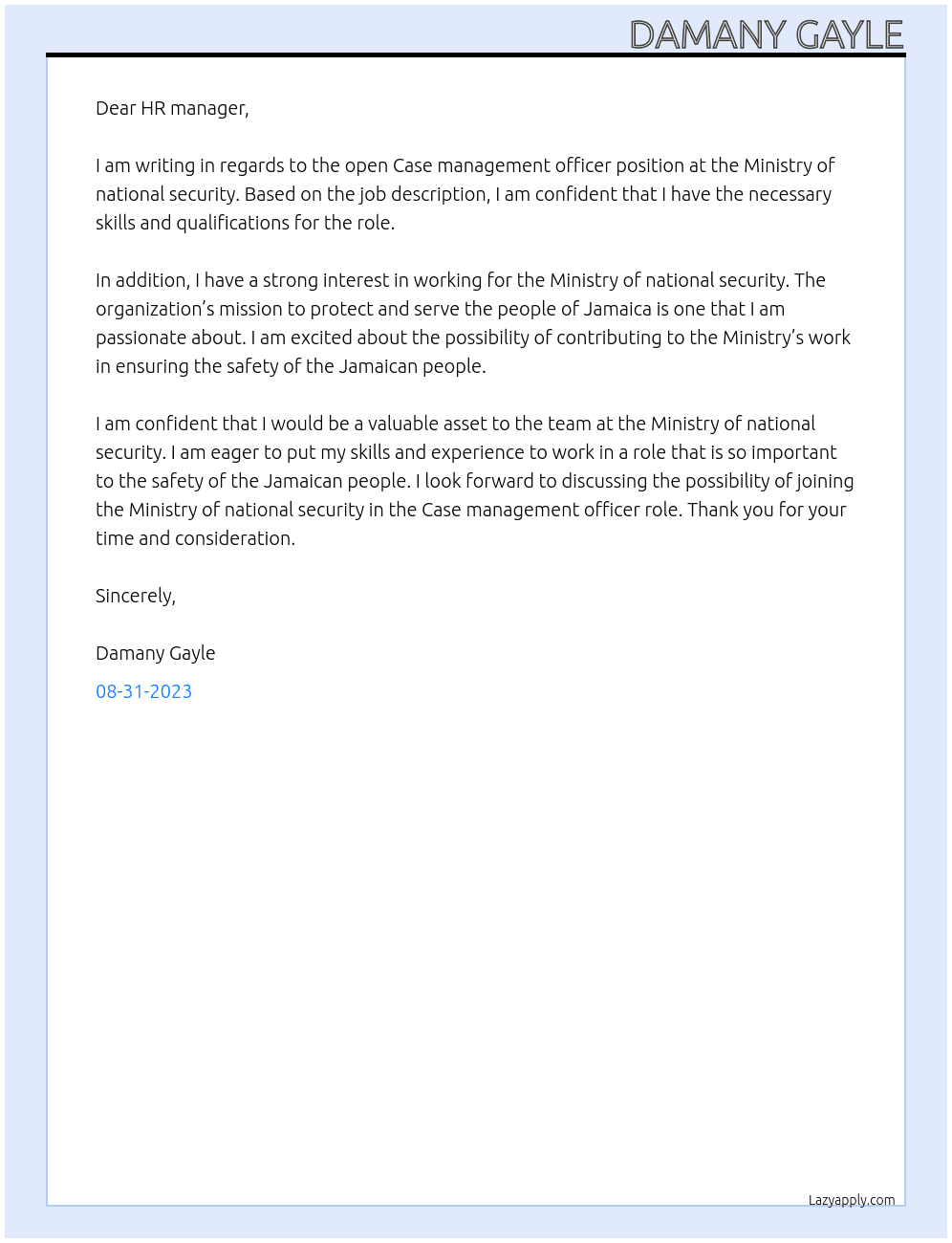 Case management officer At Ministry of national security  Cover Letter