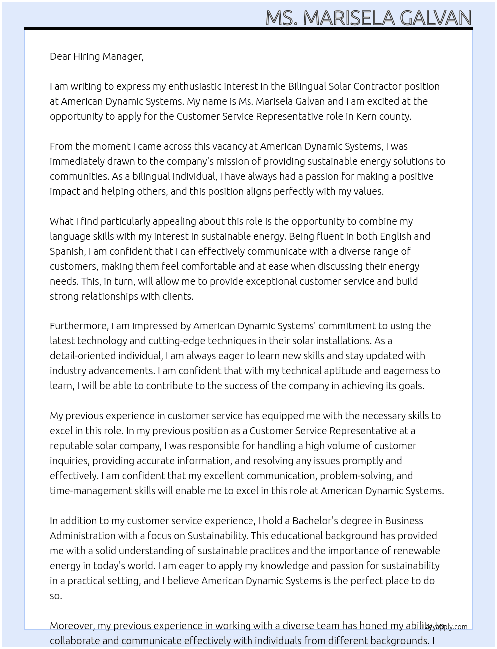 Bilingual Solar Contractor At American Dynamic Systems Cover Letter