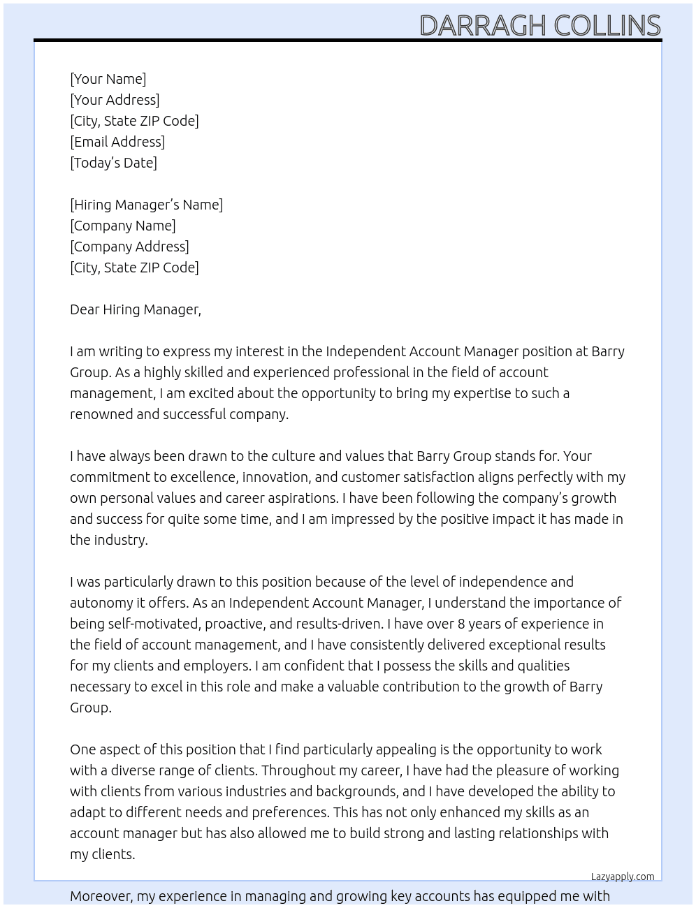 Independent Account Manager At Barry Group Cover Letter