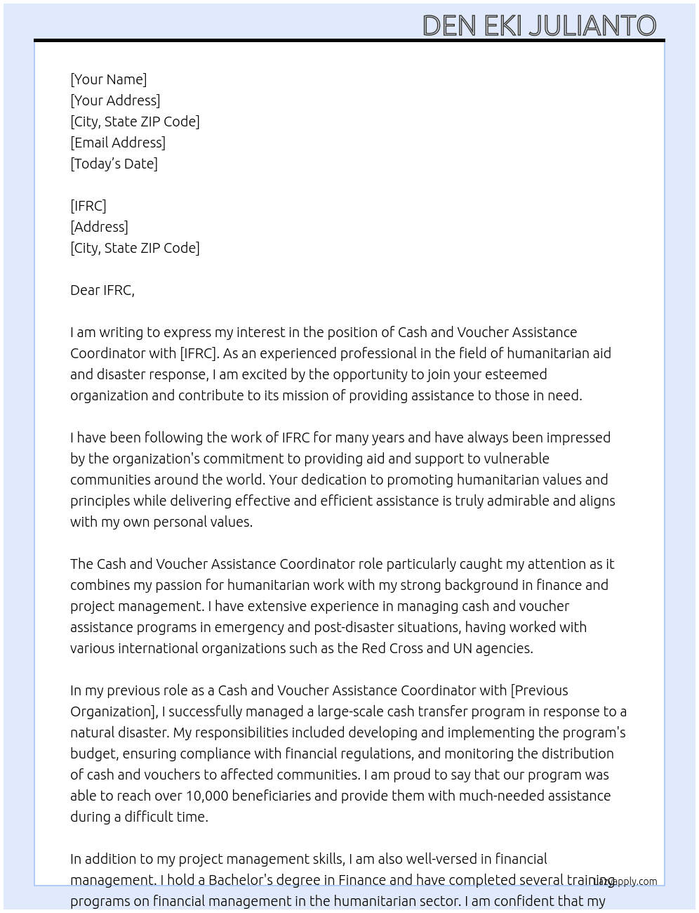 Cash and Voucher Assistance Coordinator At IFRC Cover Letter
