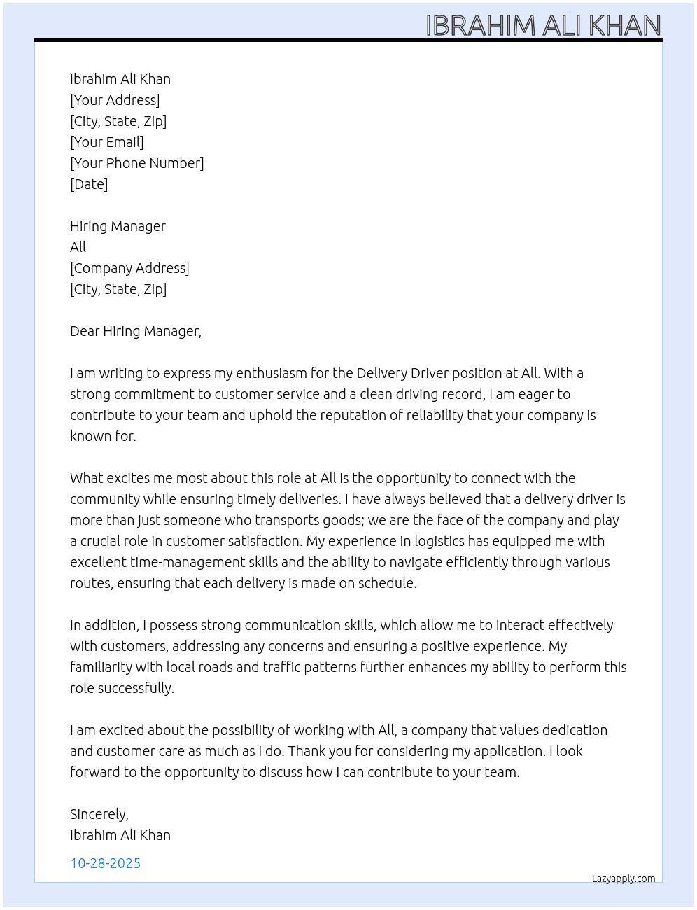 delivery driver At All Cover Letter