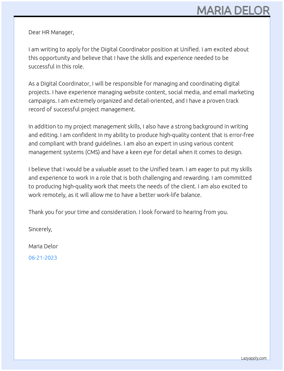 Digital Coordinator At Unified Cover Letter