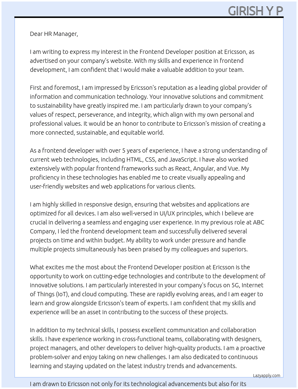 Frontend Developer At Ericsson Cover Letter