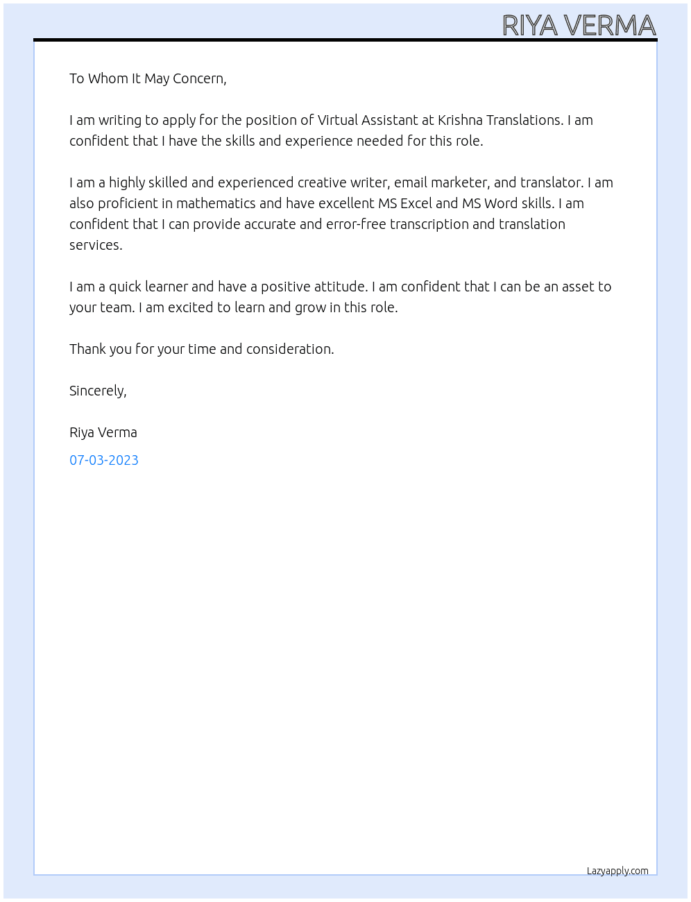 Virtual Assistant  At Krishna Translations Cover Letter