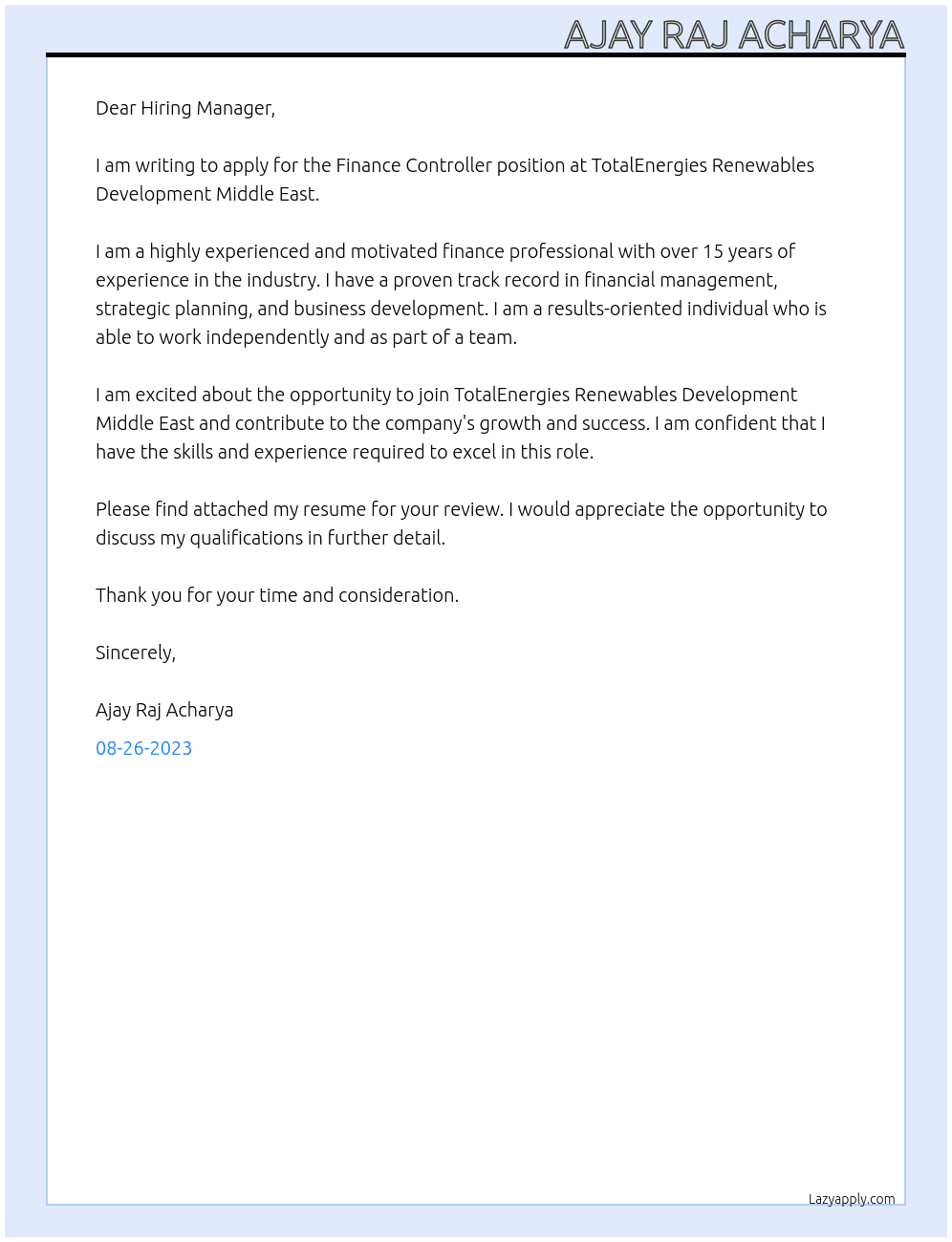Finance Controller At TotalEnergies Renewables Development Middle East Cover Letter