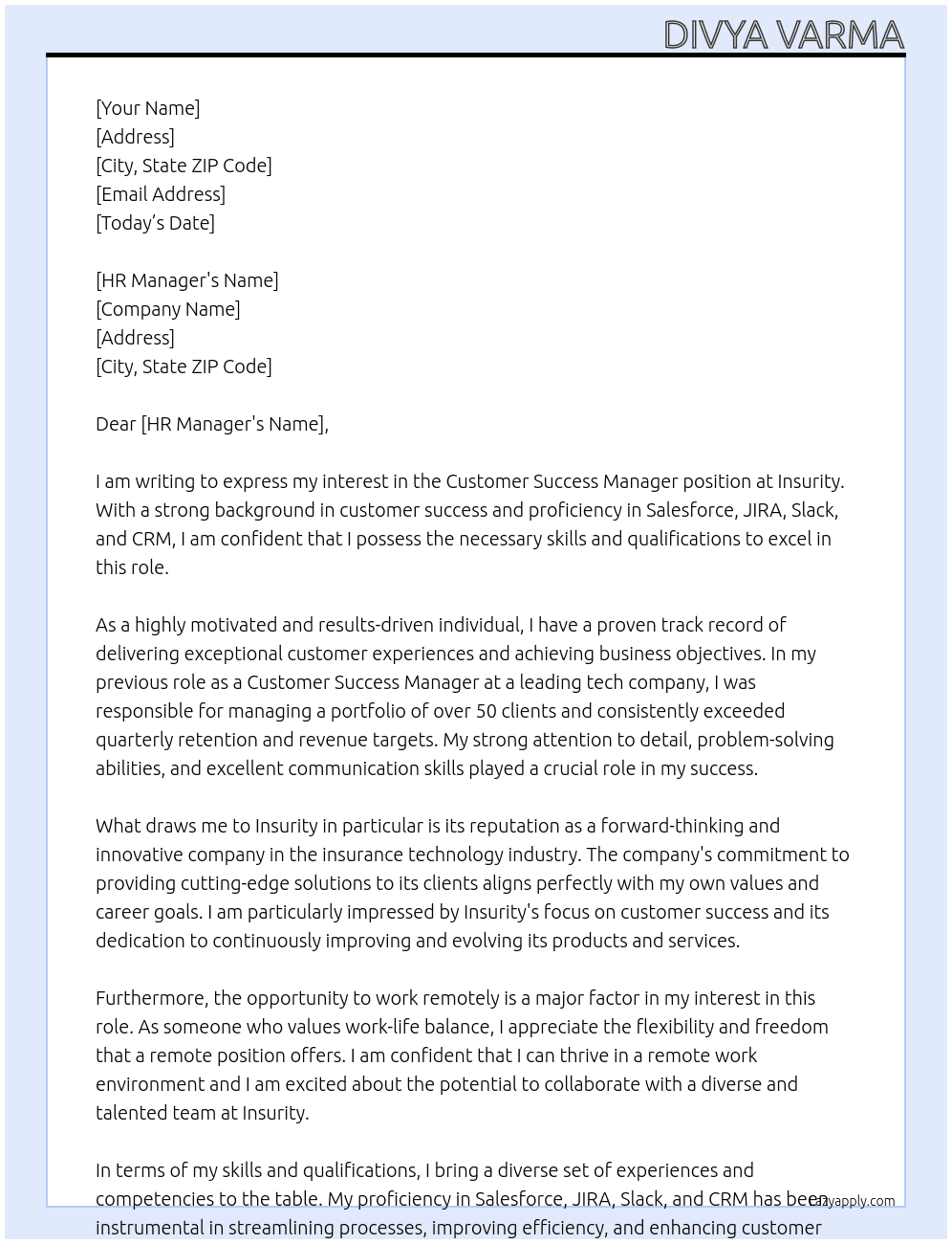 Customer Success Manager At Insurity Cover Letter
