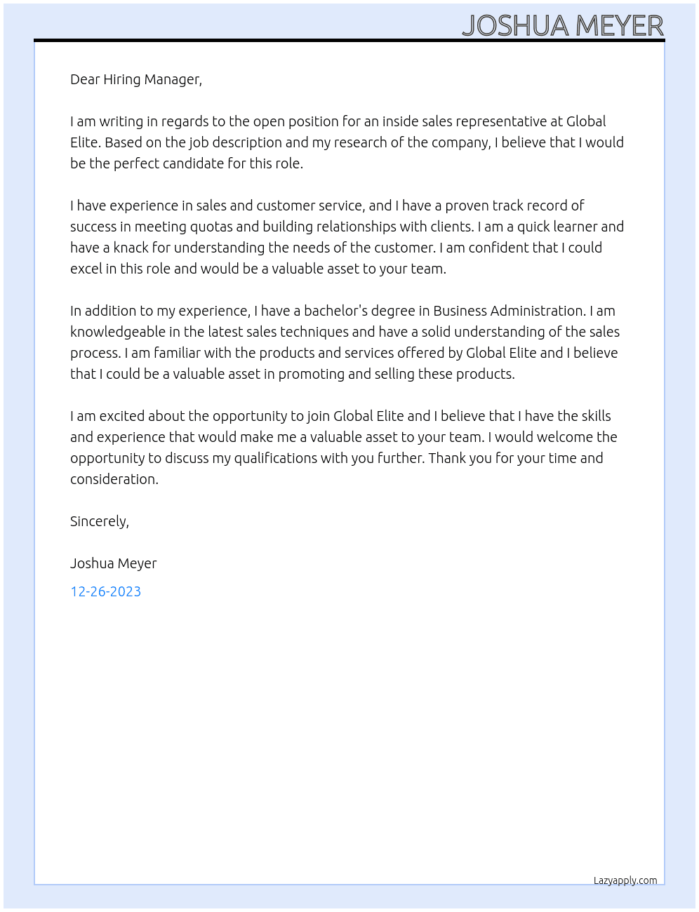 Inside Sales At Global Elite Cover Letter
