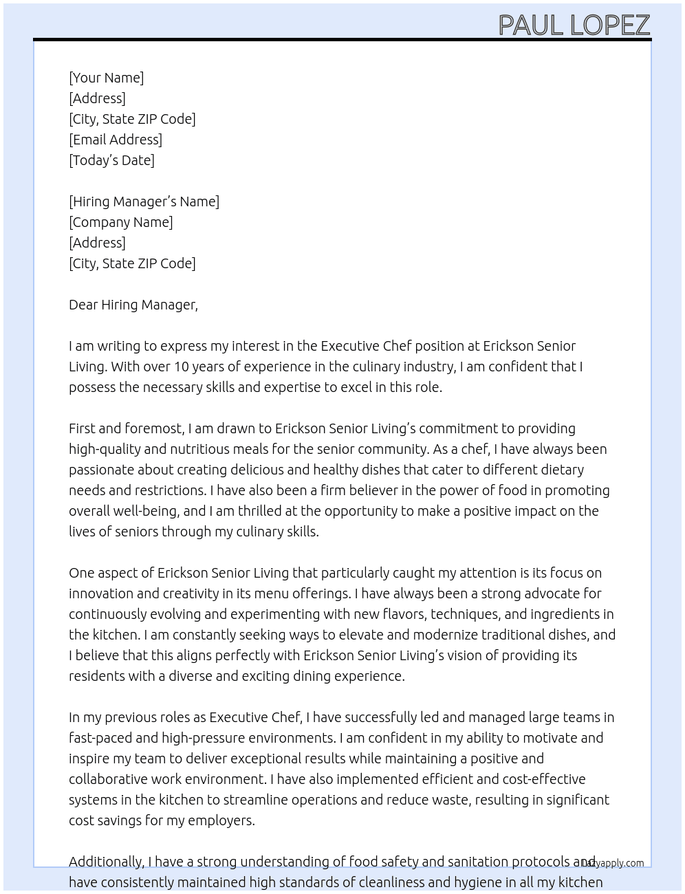 Executive Chef At Erickson Senior Living Cover Letter