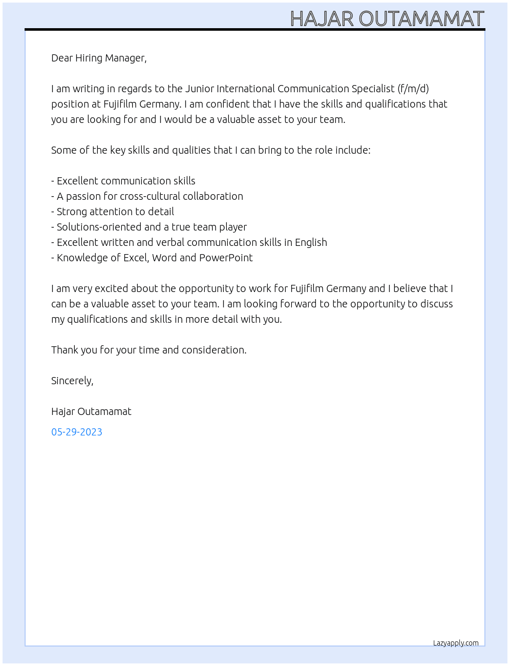 Junior International Communication Specialist (f/m/d) At Fujifilm Germany  Cover Letter