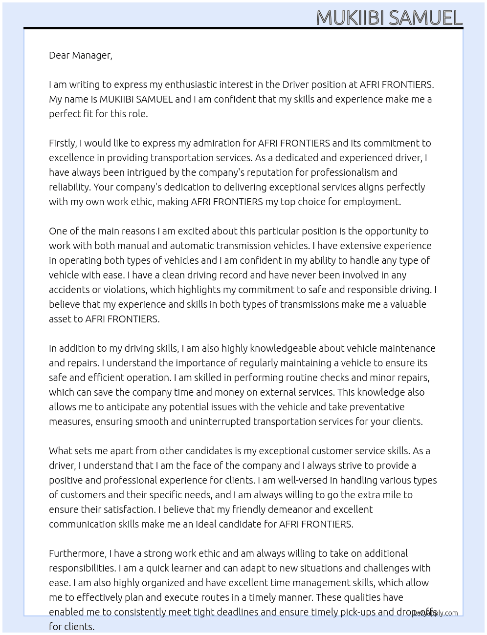 Driver At AFRI FRONTIERS Cover Letter