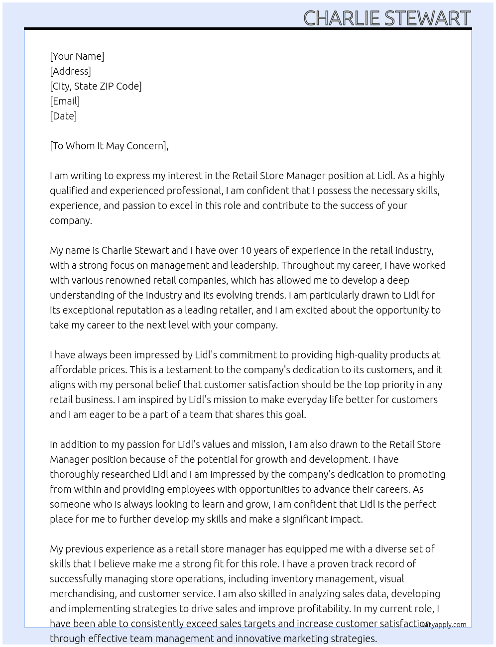 Retail store manager At Lidl Cover Letter
