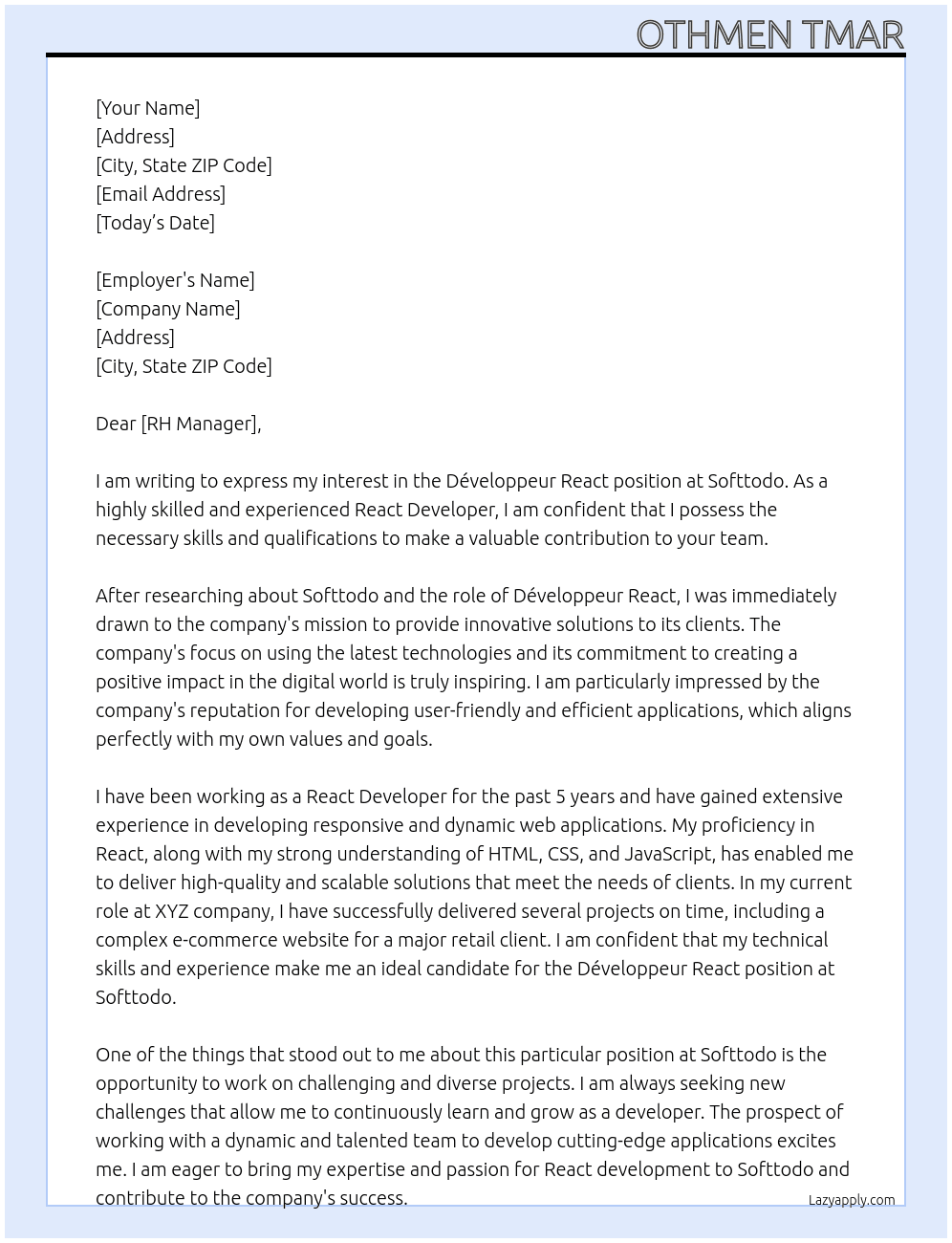  Développeur React At Softtodo Cover Letter