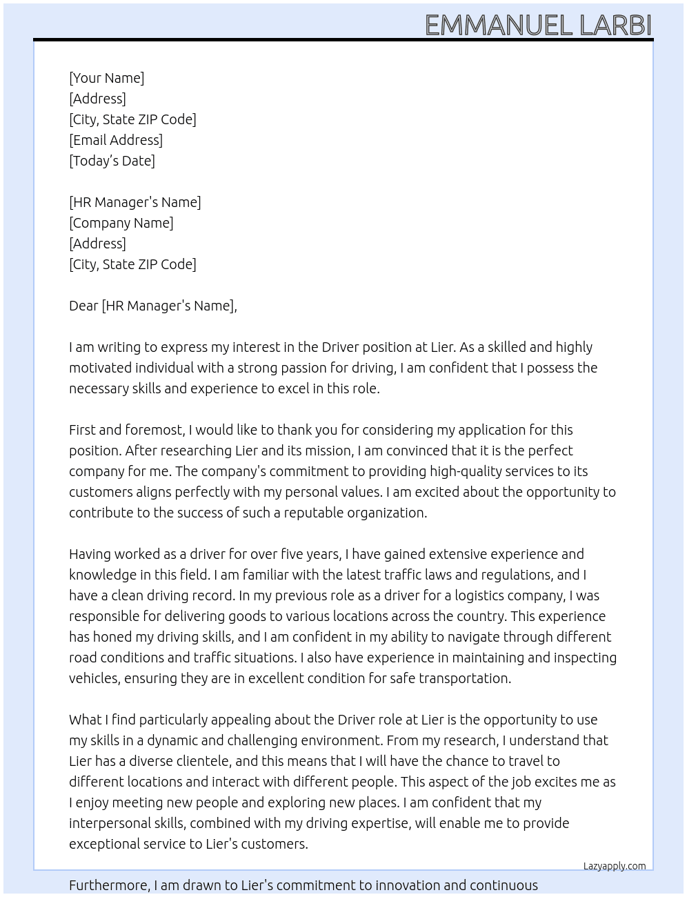 Driver At Lier Cover Letter