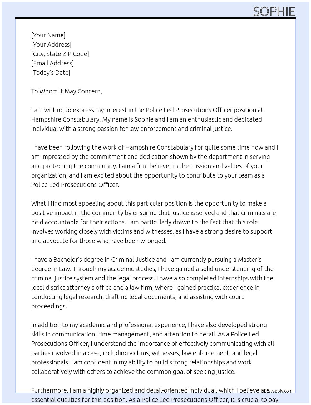 Police Led Prosecutions Officer At Hampshire Constabulary Cover Letter