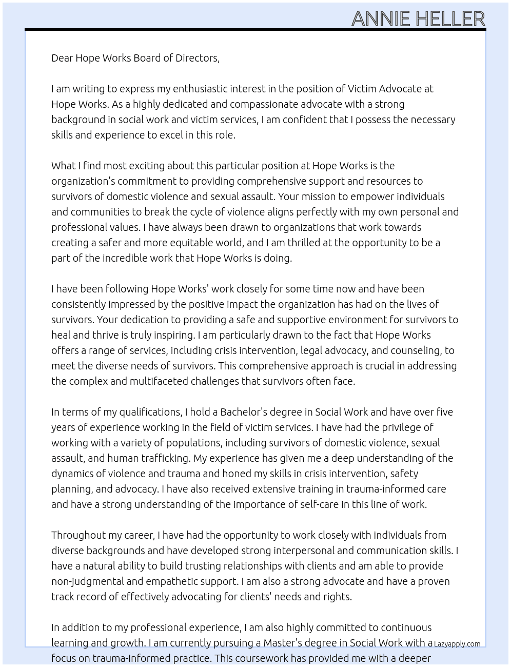 Victim Advocate At Hope Works Cover Letter