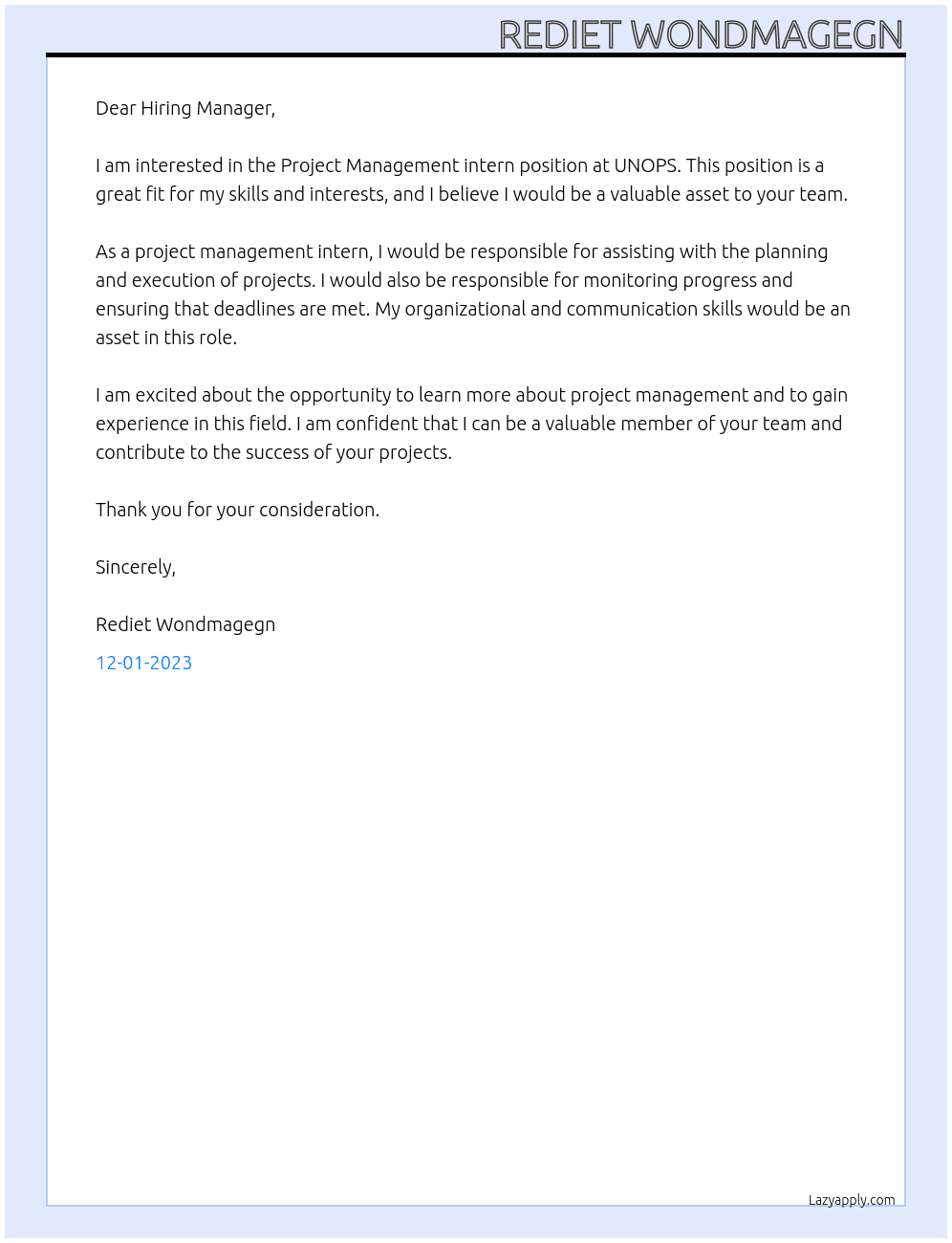 Project Management intern  At UNOPS Cover Letter