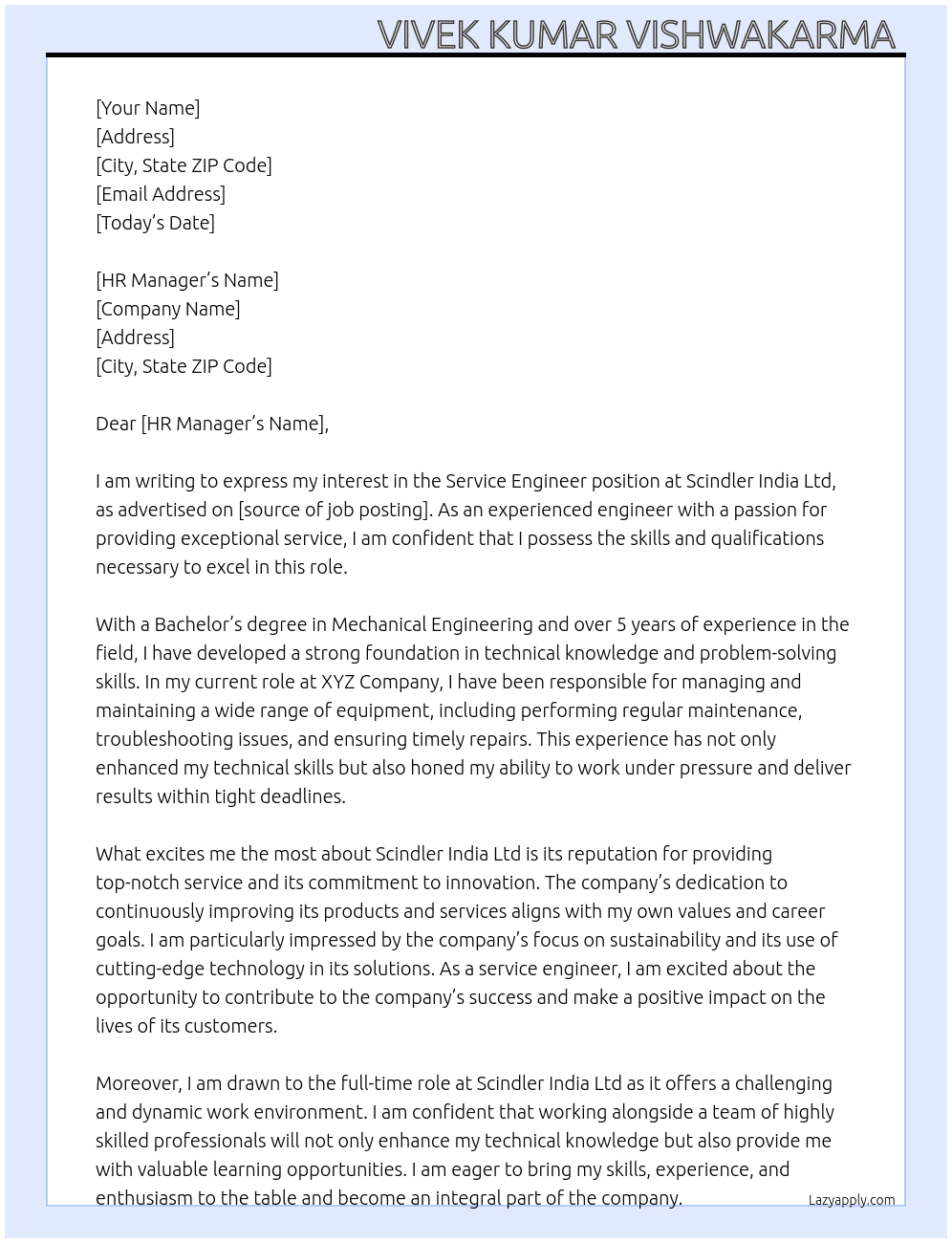 Service Engineer  At Scindler India Ltd  Cover Letter