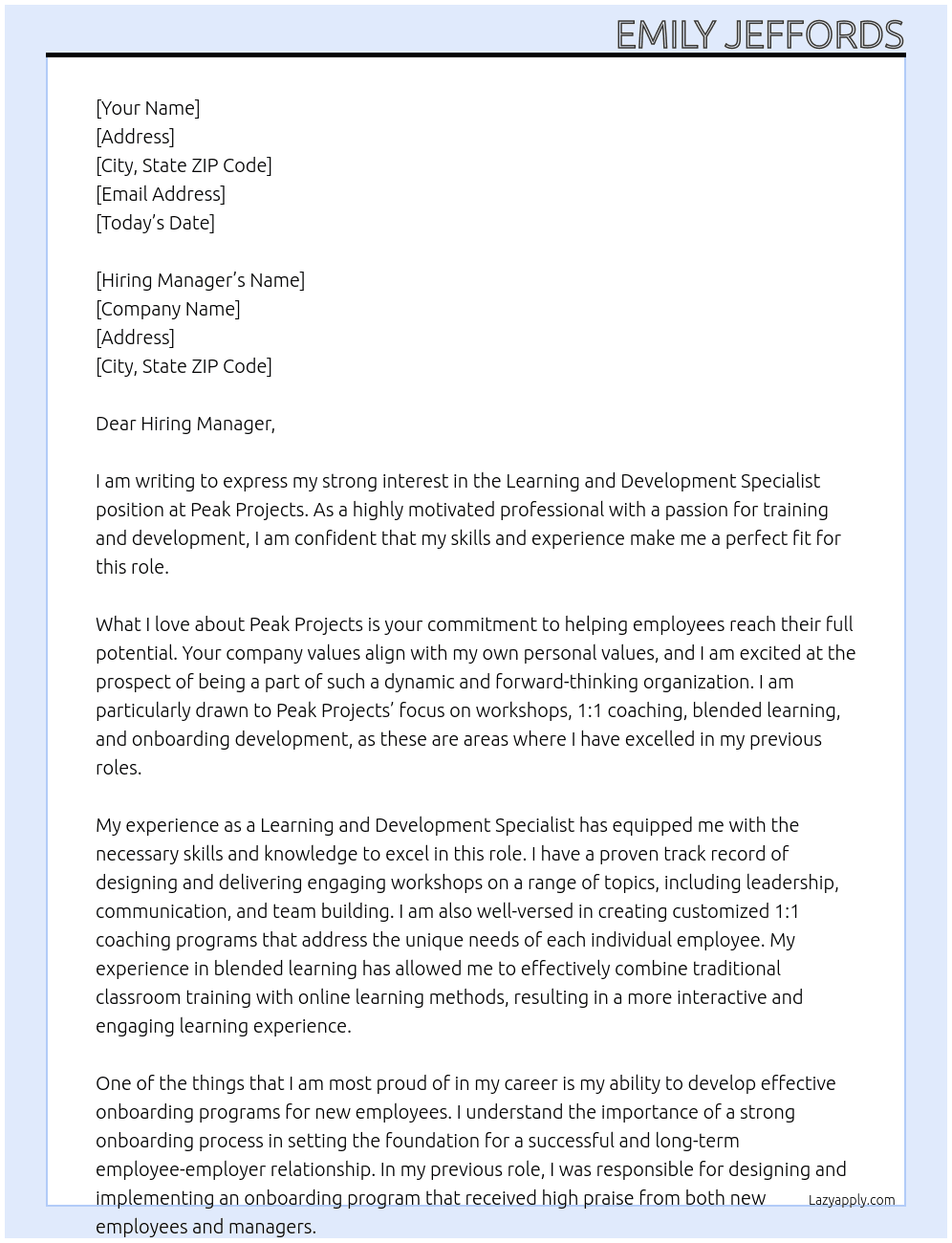 Learning and development specialist At Peak projects Cover Letter