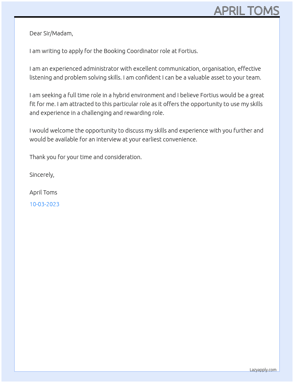 Booking Coordinator At Fortius Cover Letter