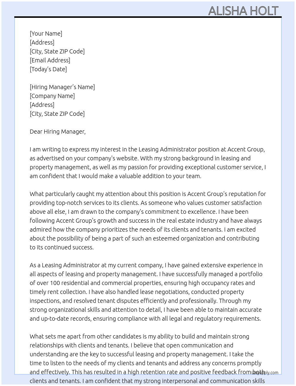 Leasing Administrator  At Accent Group Cover Letter