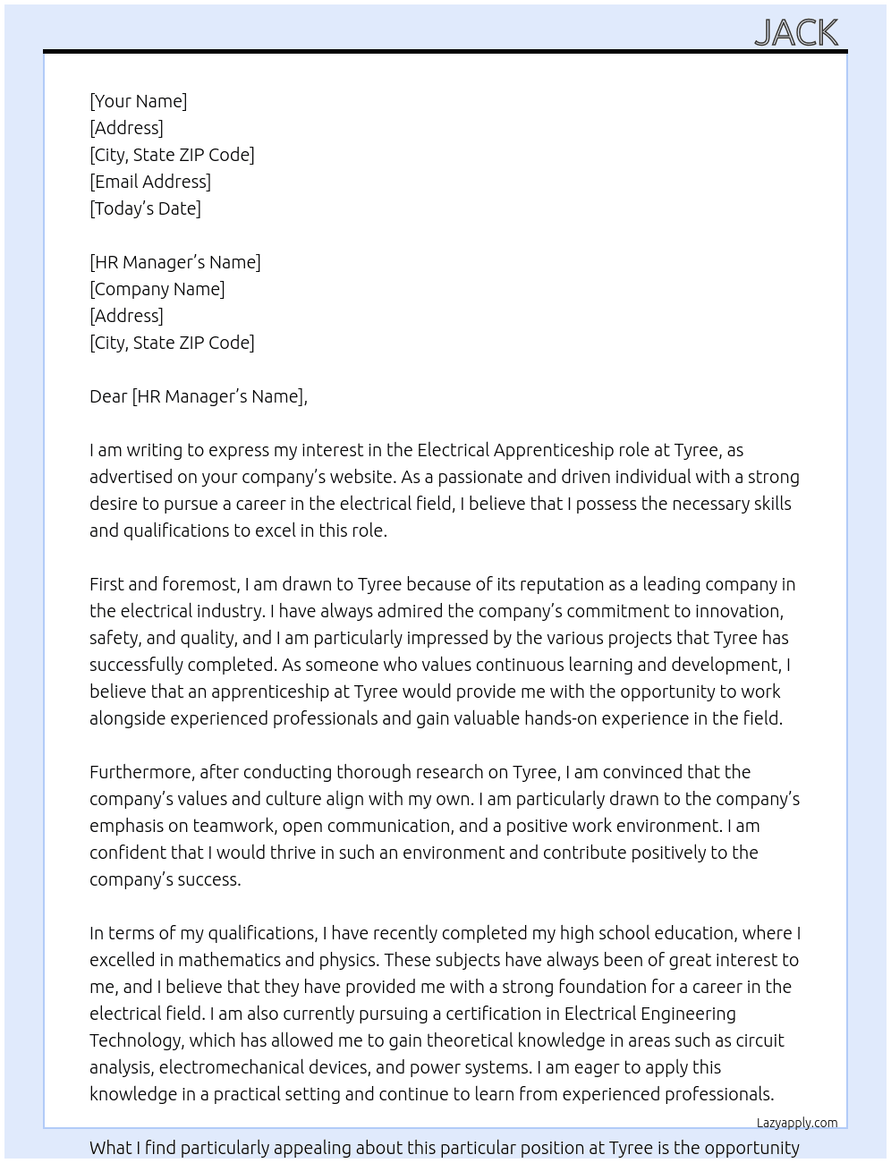 Electrical apprenticeship At Tyree Cover Letter