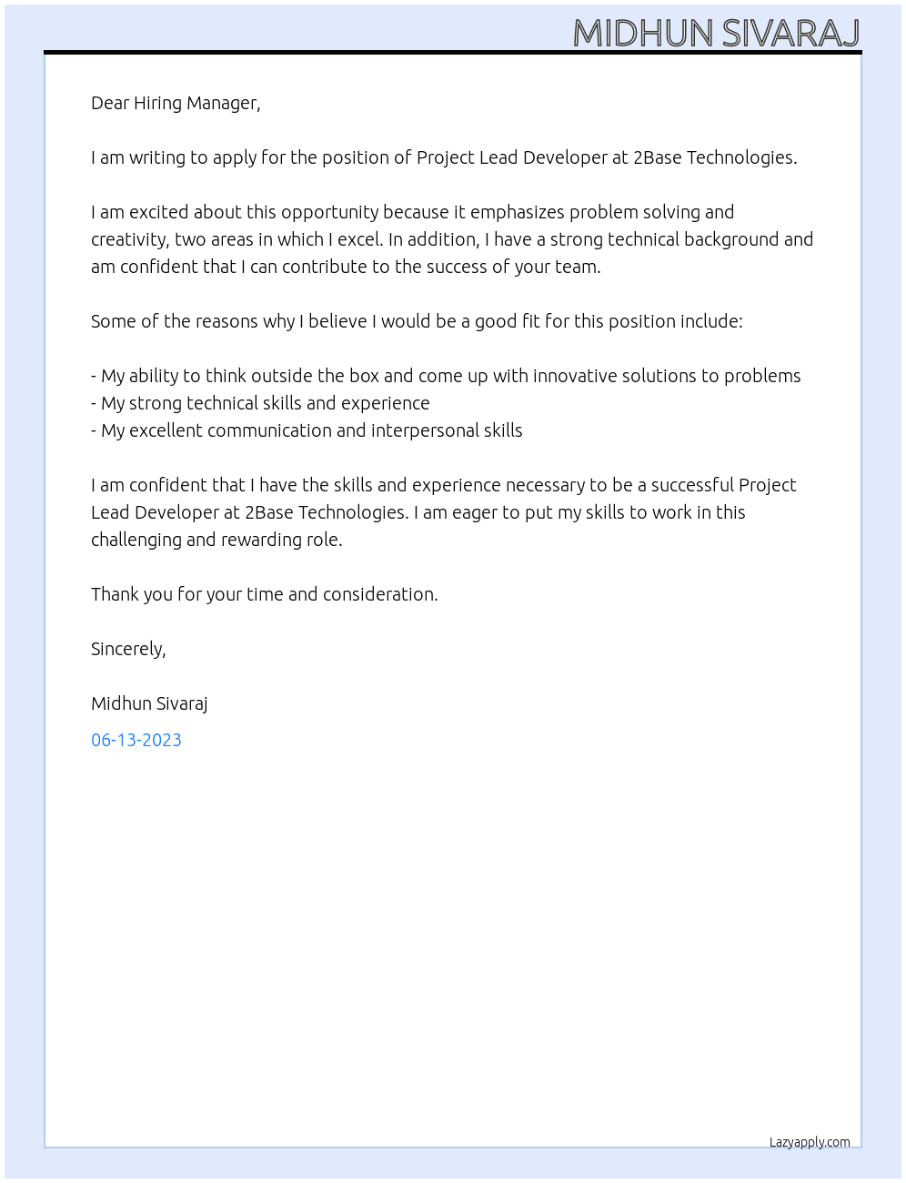 Project Lead Developer At 2Base Technologies Cover Letter