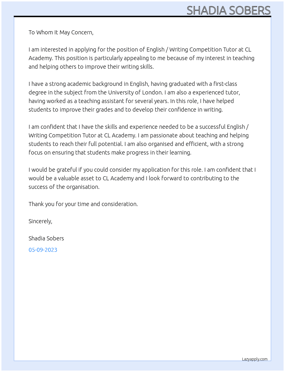 English / Writing Competition Tutor At CL Academy  Cover Letter