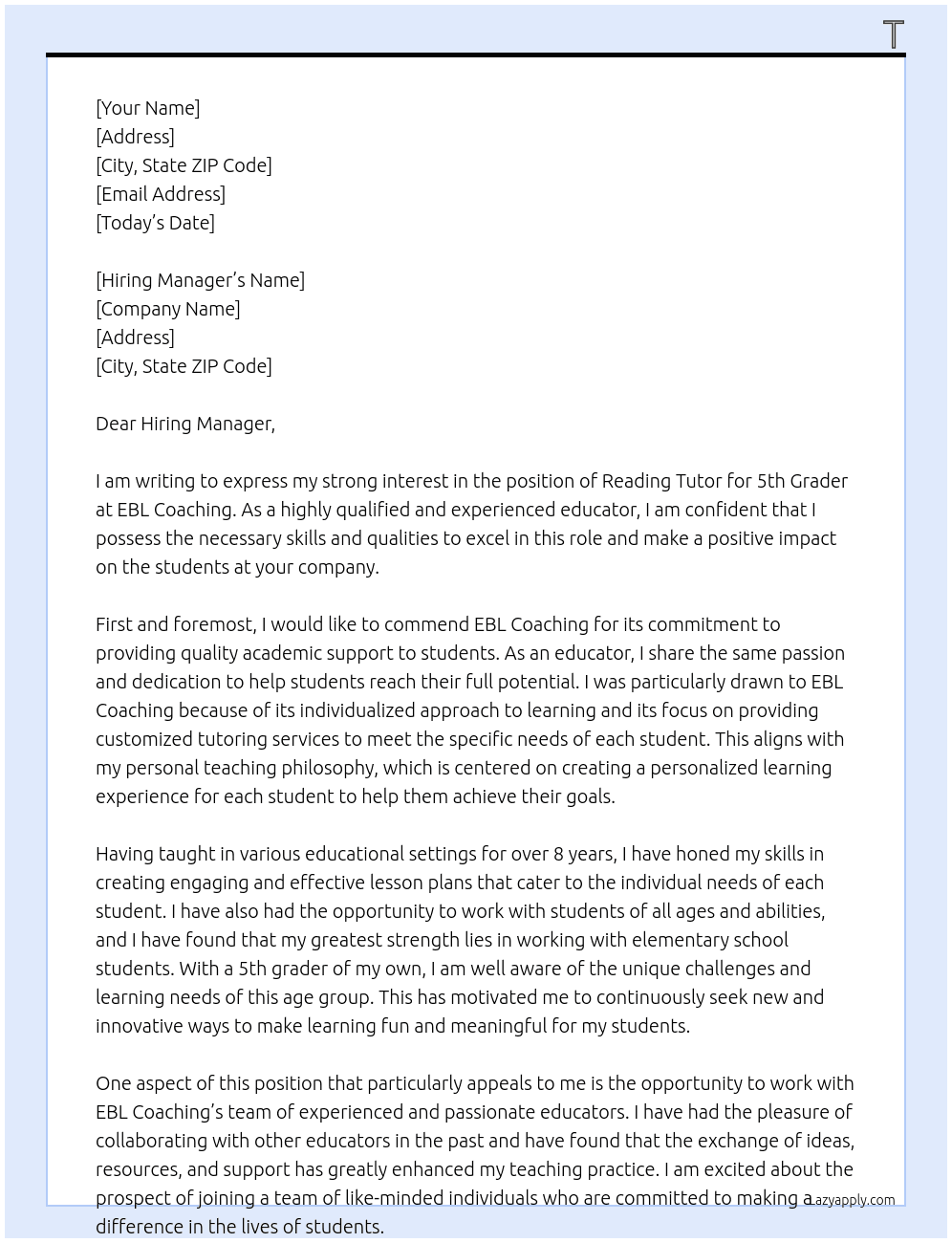 Reading Tutor for 5th Grader At EBL Coaching Cover Letter