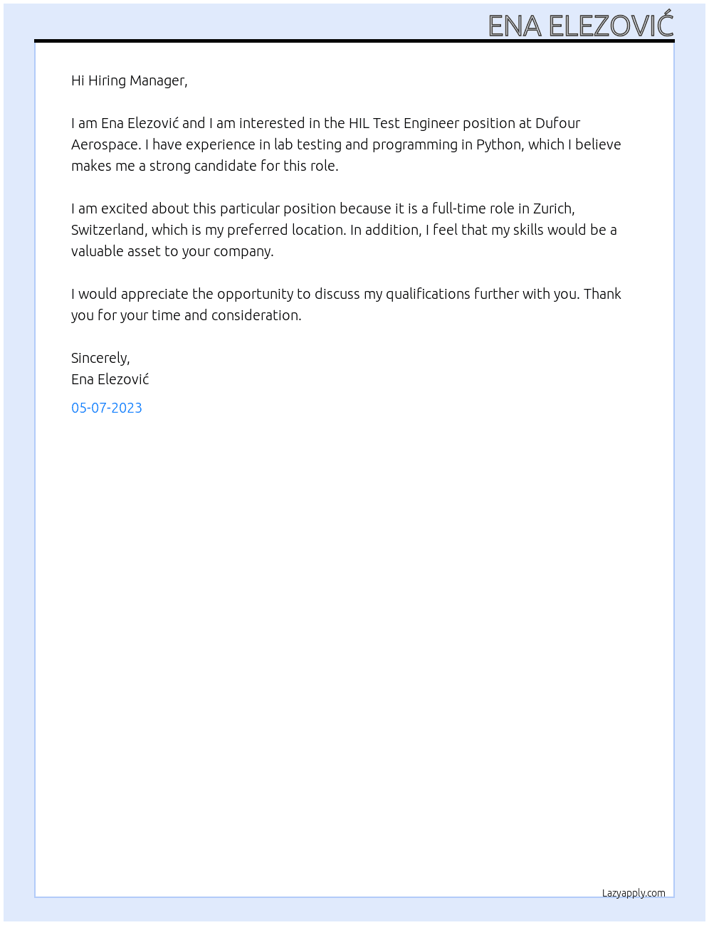 HIL Test Engineer At Dufour Aerospace Cover Letter