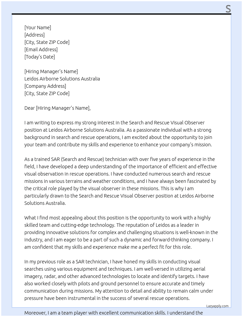 Search and Rescue Visual Observer At Leidos Airborne Solutions Australia Cover Letter
