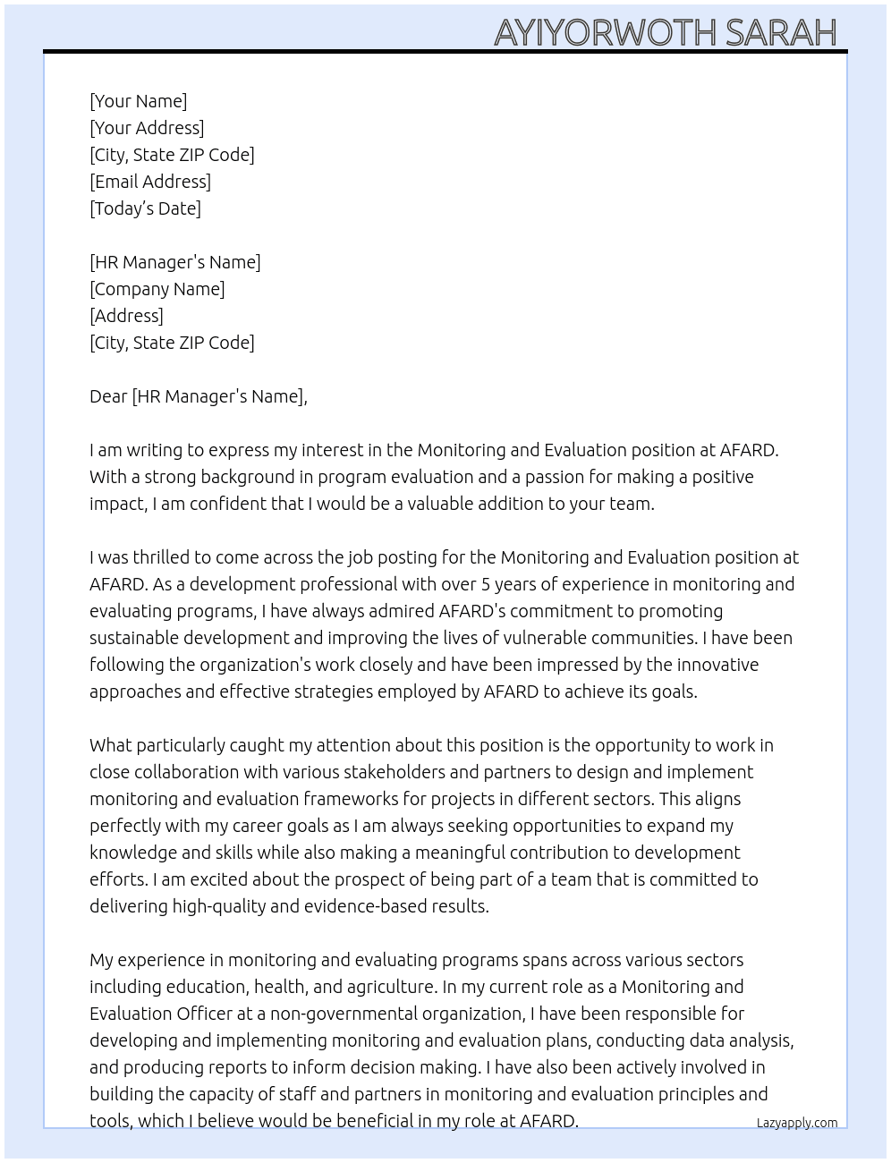 Monitoring and evaluation  At AFARD  Cover Letter