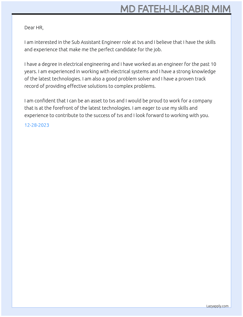 Sub Assistant Engineer At tvs Cover Letter