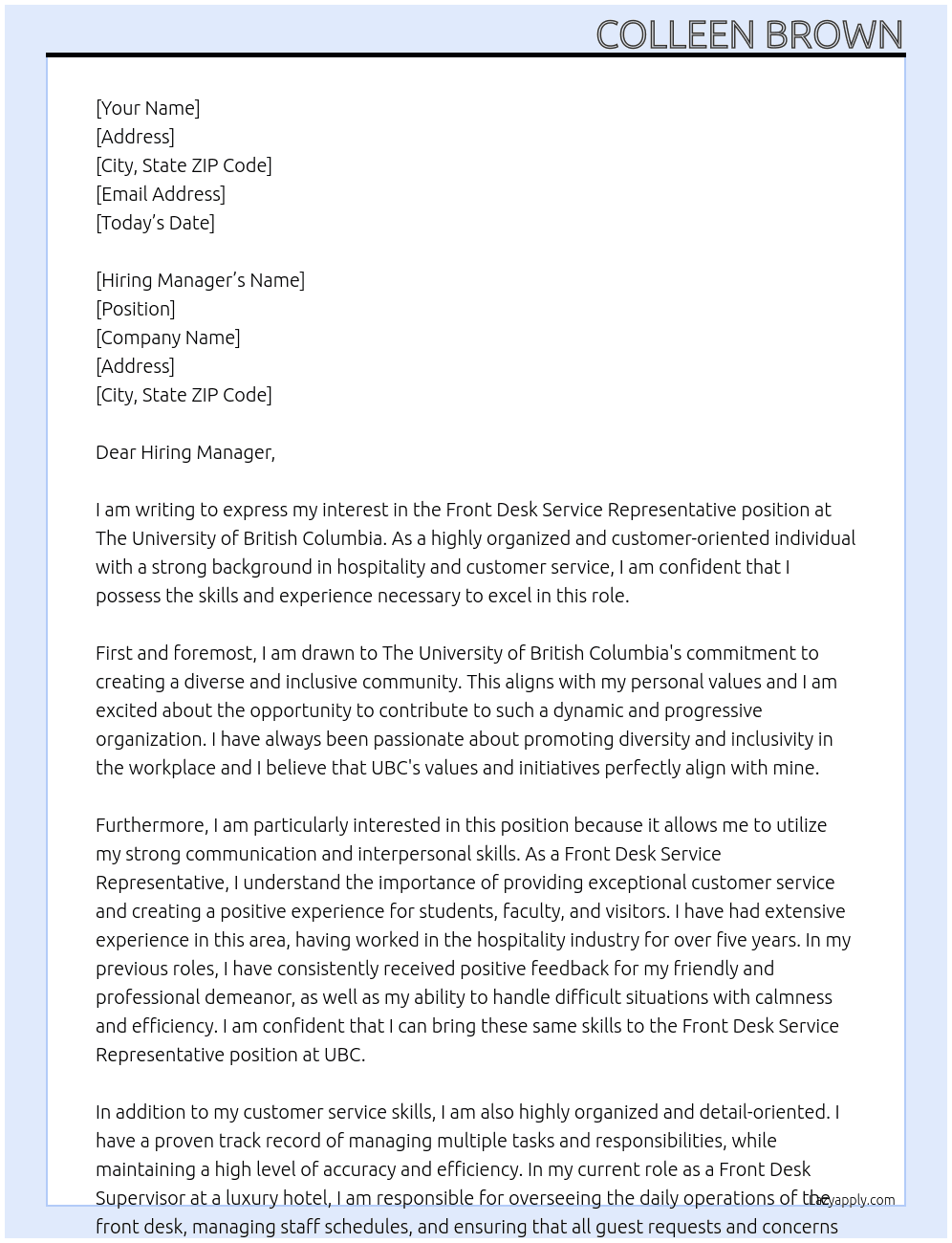 Front Desk Service Representative At The University of British Columbia Cover Letter