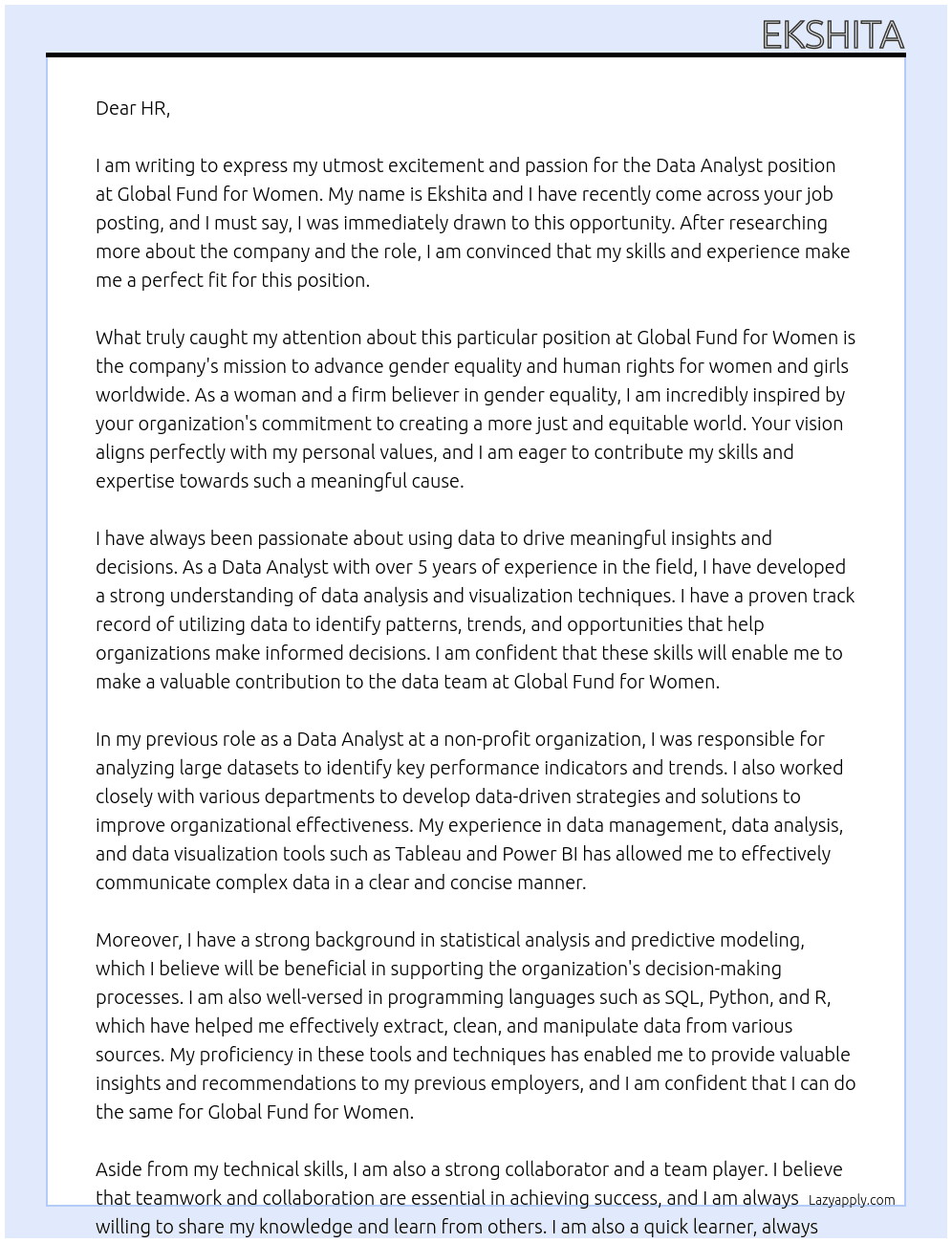 Data Analyst At Global Fund for Women Cover Letter