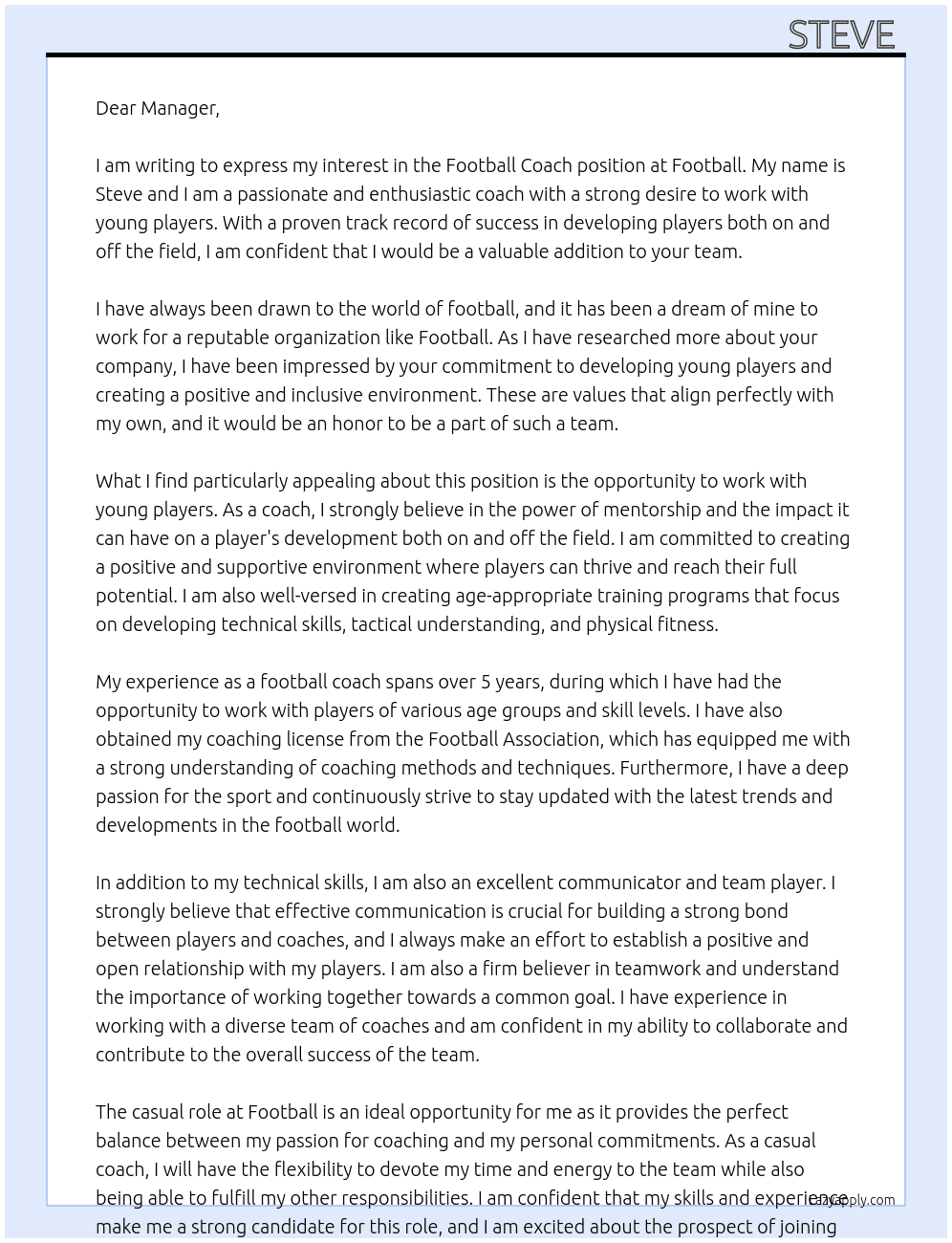 Football Coach  At Football  Cover Letter