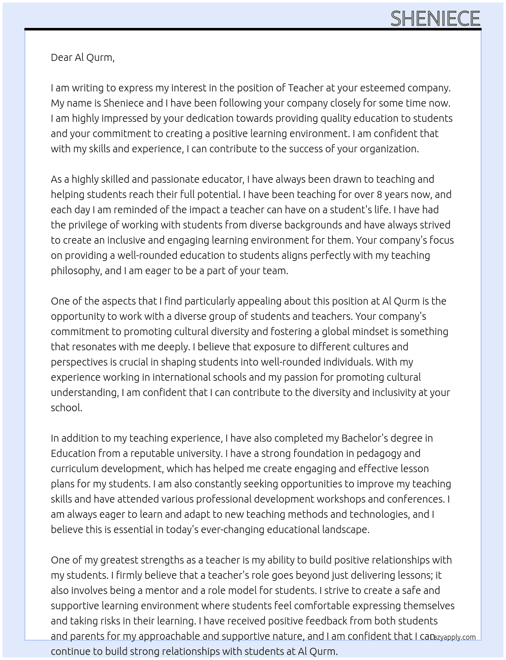 teacher At Al Qurm  Cover Letter