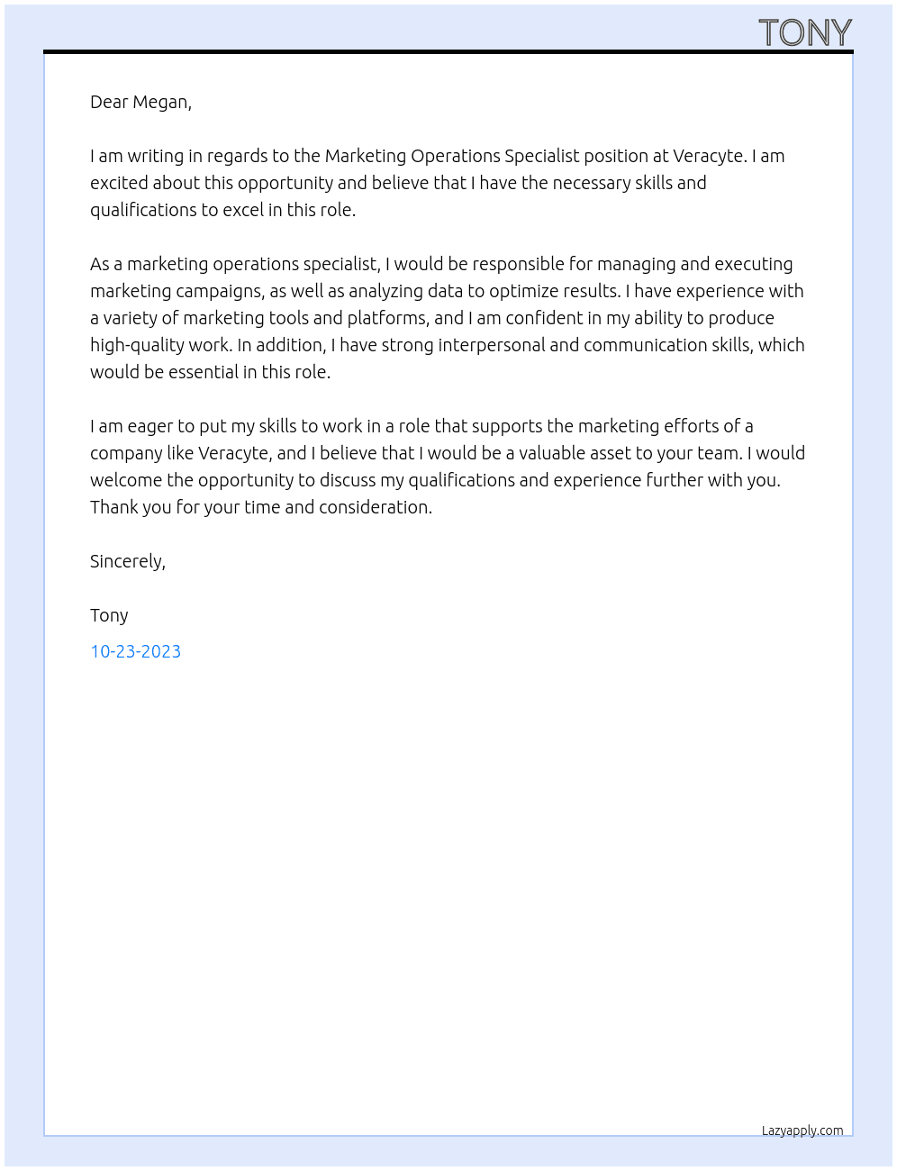 Marketing Operations Specialist  At Veracyte Cover Letter